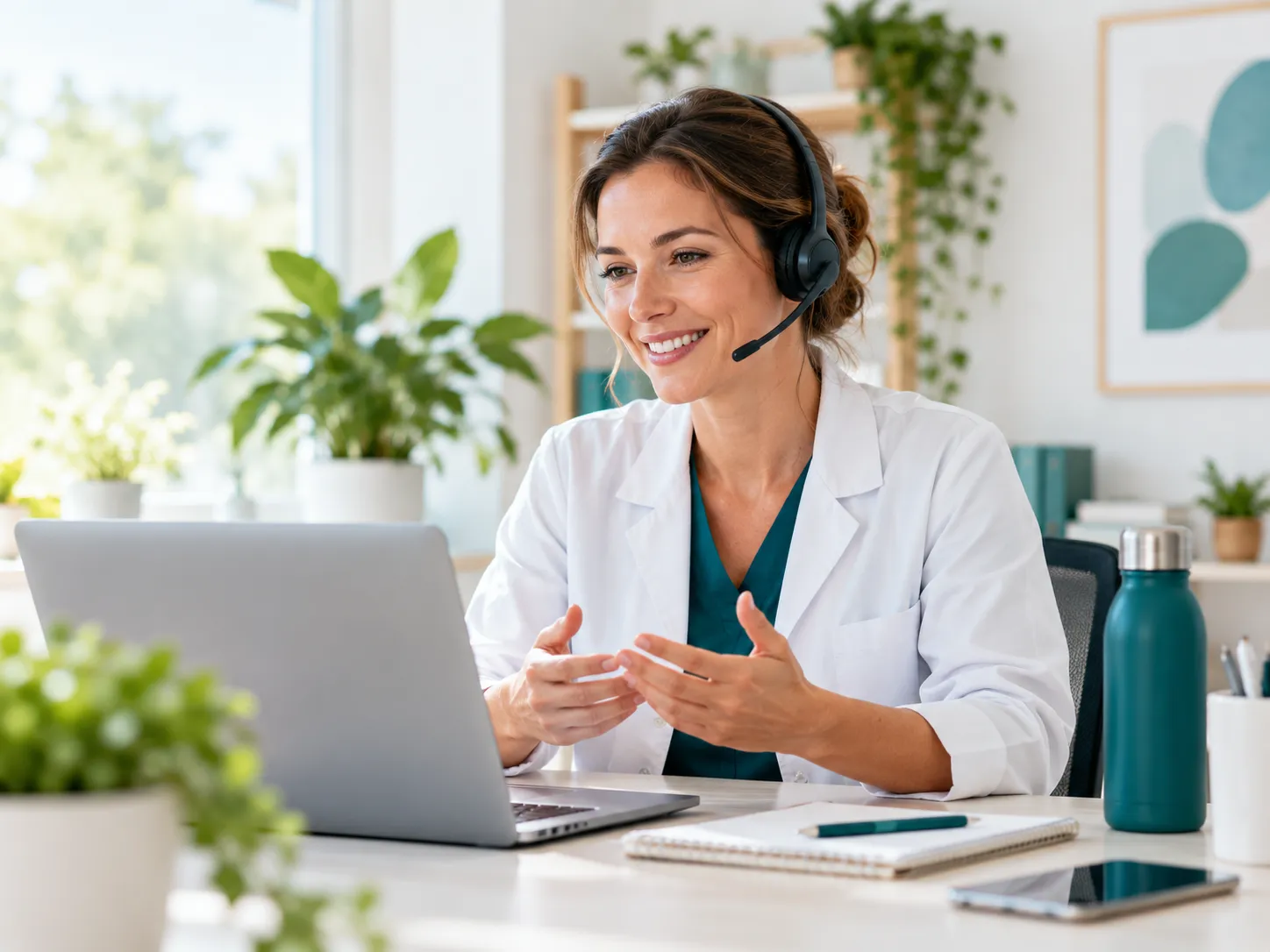 Zorgprofessional beantwoordt gezondheidsvragen tijdens een online gesprek via laptop en headset.