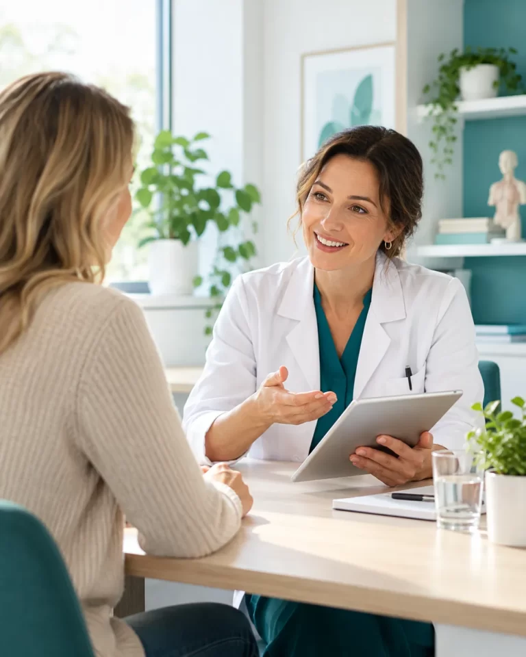 Zorgprofessional bespreekt een gezondheidsvraag met een bezoeker en geeft heldere uitleg tijdens een persoonlijk gesprek.
