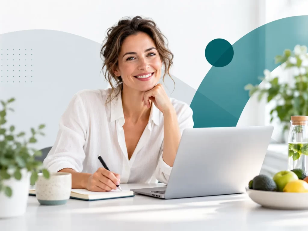 Glimlachende vrouw werkt achter een laptop aan duidelijke gezondheidsinformatie in een moderne en lichte werkomgeving.