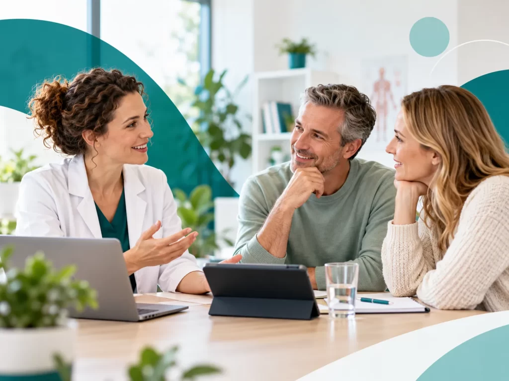 Zorgprofessional bespreekt gezondheid en welzijn met twee bezoekers aan tafel in een moderne praktijkruimte.